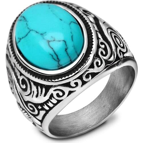 Modyle 2020 Fashion Huge Blue Onyx Stone Retro Jewelry Titanium Steel Ring Mans Ring Jewelry