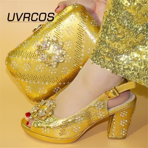 Beautiful Golden Shoes and Bag Sets SUMMER Italian Shoes and Bags Set for party African Matching Shoes and Bags