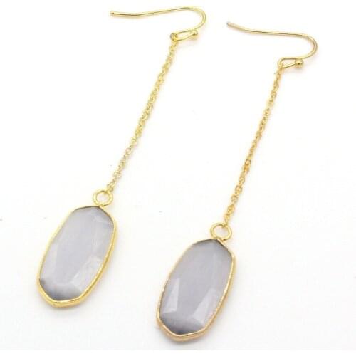 Kraft-beads Attractive Design Gold Color Gray Cat Eye Stone Section Oval Earrings Long Chain Earrings For Women