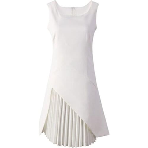 PERHAPS U White Safaran Tank Pleat Ruched Elegant Mini A Line Sleeveless Zipper Short Dress O Neck Solid Women Summer D0310