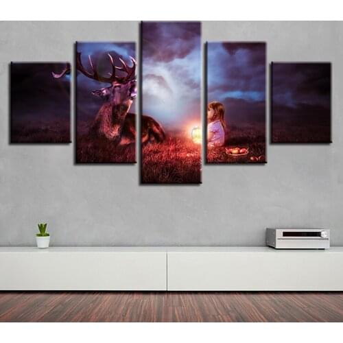 The little girl and the stag at night Canvas HD Prints Posters Home Decor Wall Art Pictures 5 Pieces Art Paintings No Frame