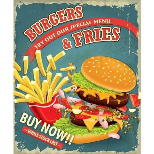 Hamburger & French Fries Retro Metal Tin Restaurant Tin Sign Poster Wallboard Decoration