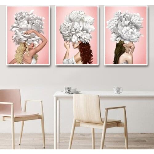 Modern White Flower Girl Elegant Nude Woman Canvas Painting Nordic Poster Prints Wall Art for Living Room Home Decor (No Frame)