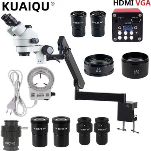 HDMI VGA Video Camera 3.5X-270X Stereo Trinocular Microscope Articulating Arm Pillar Clamp For PCB Repair WF30X WF20X Eyepieces