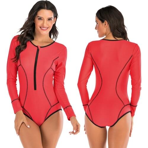 2020 Long Sleeve Rash Guard Red Solid Women Swimwear Front Zipper One Piece Swimsuit Surf Bathing Suit Dive Bodysuit Beachwear