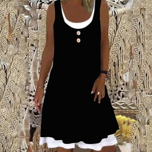 Dresses for women 2021 Mid Waist Sundress Sleeveless U-neck Women Fake Two-piece Strap Dress for Summer Black xxxl