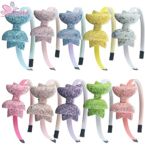 XIMA 10pcs/lot 3inch Glitter Hair Bows with Plastic Hairband Headband Lovely Girls Hair Hoops Kids Party Hair Accessories