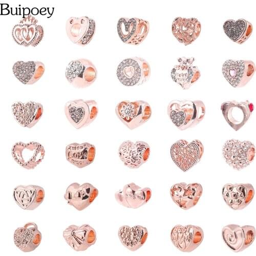 Buipoey 2pcs Zinc Alloy Rose Gold Heart Shape Beaded Charm Fit Original Beads Bracelet & Necklace Women Shiny Jewelry Accessory