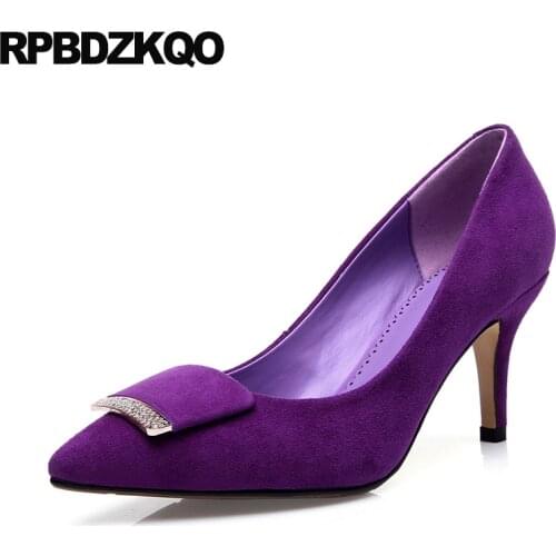 Purple crystal shoes 3 inch 2019 women high heels pumps diamond quality lavender wedding pointed toe rhinestone suede thin bling
