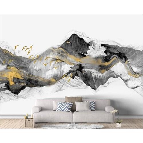 Customized Wallpaper 3d Flying Bird New Chinese Abstract Mural Golden Ink Landscape Background Wall Living Room Hotel фотообои