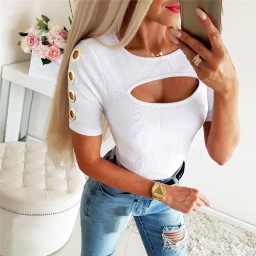 Hollow Out T Shirt Women Casual Round Neck Solid Color Slim Fit Shirt Tops Summer Sexy Short Sleeve Tops For Women Clubwear