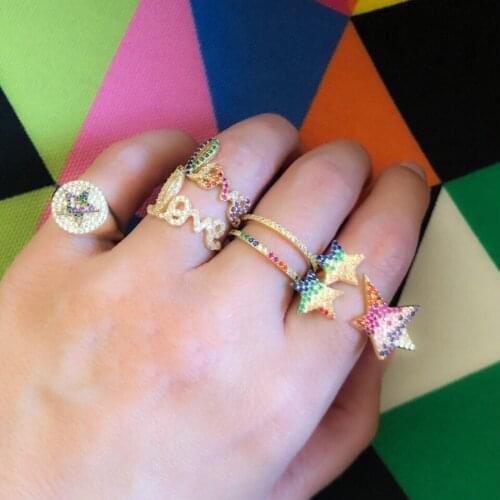 Hot selling fashion rainbow jewelry sparking bling colorful cz paved Open adjusted star ring for women