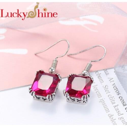 Luckyshine New Classic Vintage Jewelry Square Fire Red Quartz Gem Dangle Earrings High Quality For Party Wedding Holiday