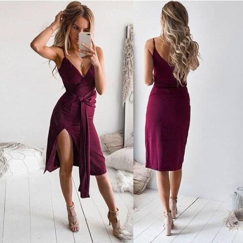 Fashion Summer Women Dress Vestidos Robe Femme Sexy Solid Color Belt Waist Deep V-neck Open Irregular Ladies A-line Dress