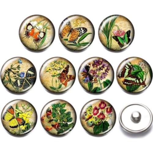 New 10pcs/lot Butterfly Love Flower 18mm Glass Snap Button DIY Snap Button Jewelry for 18mm Snap Button Bracelet Pendant