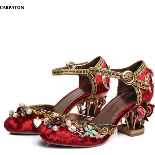 Carpaton New Folk-custom Retro Crystal Appliques Sandals Fashion flower pot heels Red Wedding Shoes Show Embroidered shoes