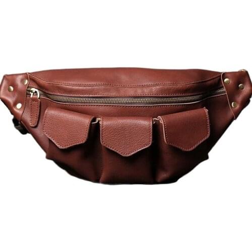 New Real Cow Leather Men Waist Bag Casual Big Fanny Pack Male Waist Pack For Ipad Multiple Pocket Travel Chest Bag Shoulder Bags