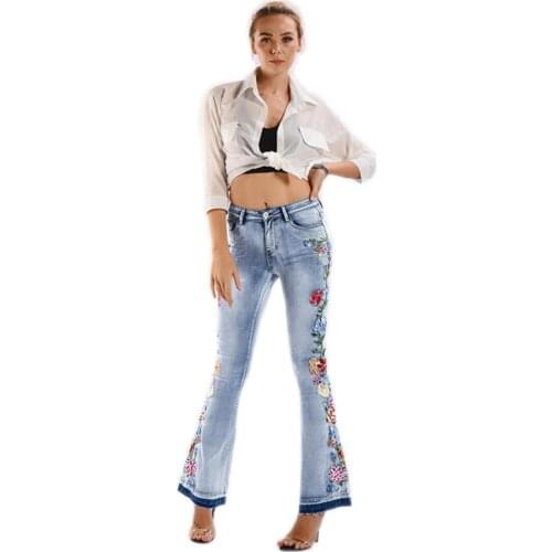Flare Jeans Spring Autumn Female 2019 New Embroidery Flower Beaded Tight Elastic Nine-minute Denim Pants Trousers Blue