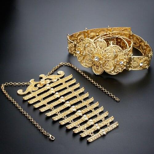 Sunspicems Gold Color Algeria Morocco Belt Caucasus Breastplate Ethnic Bridal Wedding Jewelry Set Arab Caftan Robe Belt Neckalce
