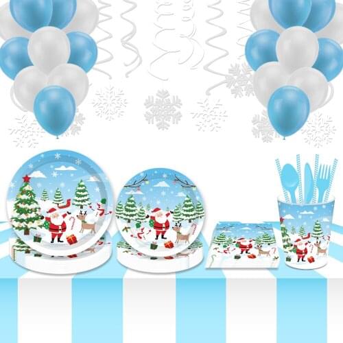 Merry Christmas Party Decorations Disposable Tableware Sets Party Balloons Hanging Banners Happy Xmas Party Favors Supplies