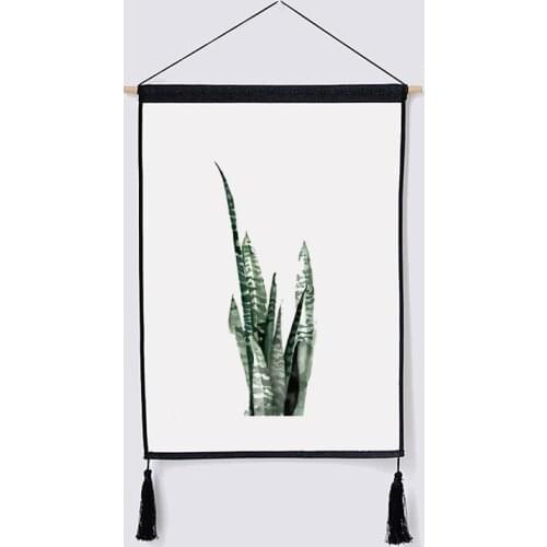 Green Plants Leaf Tapestry Hanging Wall Cloth Tapestry Art Tapisserie Painting Tapestry Boho Home Decoration with Wooden stick