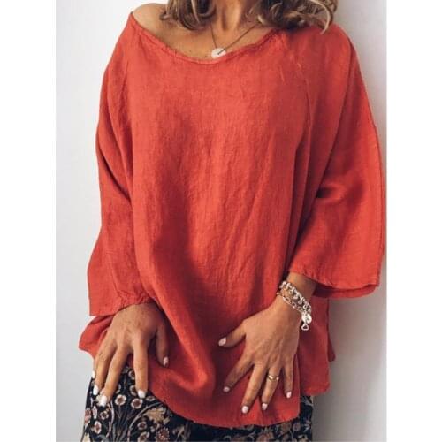 Womens Cotton and Linen Solid Color Loose Top T-shirt O-Neck Long Sleeve Gray Red Yellow White Blue Orange Shirts