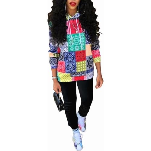 RStylish Autumn Women Outfits Pattern Print Long Sleeve Hoodies Tops Black Joggers Pants Street Two Piece Set