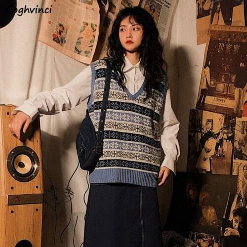 Sweater Vest Women Patchwork Jacquard Geometric V-neck Medium-long Baggy Vintage Autumn Student Harajuku Retro Knitted Waistcoat