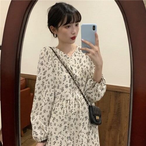 2021 Womens Floral Dress Long Sleeve French Skirt Printed Casual Dress Medium Length Button Closure for Vacation Daily TY66