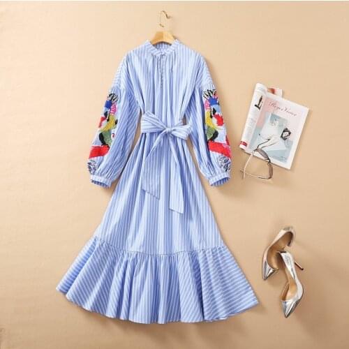 2021 Spring Summer Dress Striped Embroidery Long Sleeve Crew Neck Womens Dress