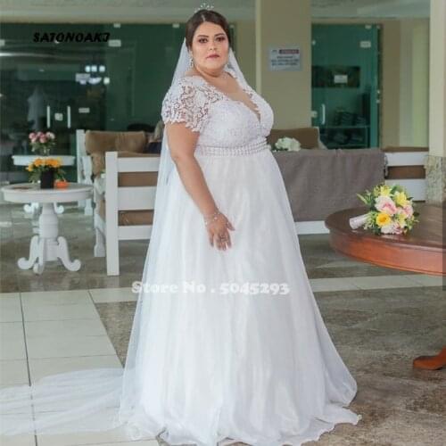 Gorgeous Plus Size Wedding Dress for Women A-Line V-Neck Short Sleeve Sweep Train Floor Length Bridal Gowns Vestido De Novia