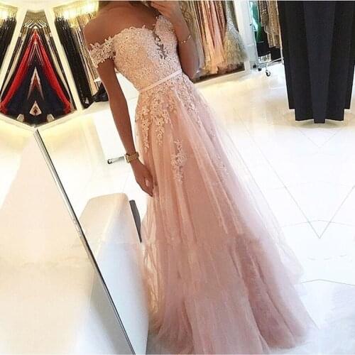 Robe De Soiree 2019 Pink Evening dress Off the Shoulder Sweetheart Beaded Lace Tulle Long Prom Gown Evening Party Dresses