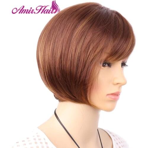 Amir Brown And Blonde Short Wigs Bob Style Straight Synthetic Black Womens Wig with Bangs 10 Inches Soft Hair Blonde Wig
