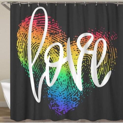 Bathroom Shower Curtain Conceptual Hand Lettering and Fingerprint Heart Black Phrase Love LGBT Rainbow Thumbprint