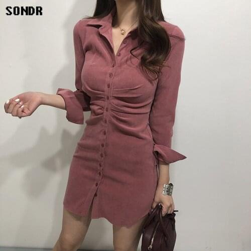 Korean One-Piece Vintage Lapel Elegant Sweet Dress Spring Autumn Single-Breasted Waist Female Hip Dress Short Dress Mini Dresses