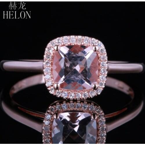 HELON Solid 10K Rose Gold Cushion 6mm Morganite Diamonds Engagement Wedding Ring Women Halo Diamonds Fine Jewelry Ring Gift