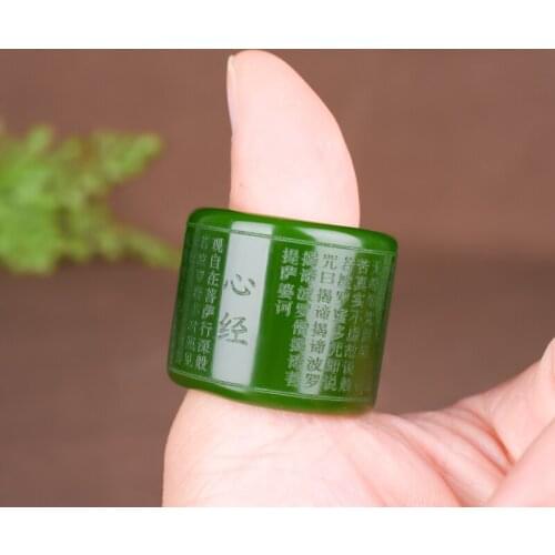 Natural Green Jade Buddhism Heart Sutra Ring Chinese Hand-Carved Jadeite Fashion Charm Jewelry Accessories Amulet Men Women Gift