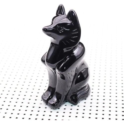 Natural Black Obsidian Crystal Stone Carving Fox Statue Carved Crystal Figurine Home Decoration Gifts