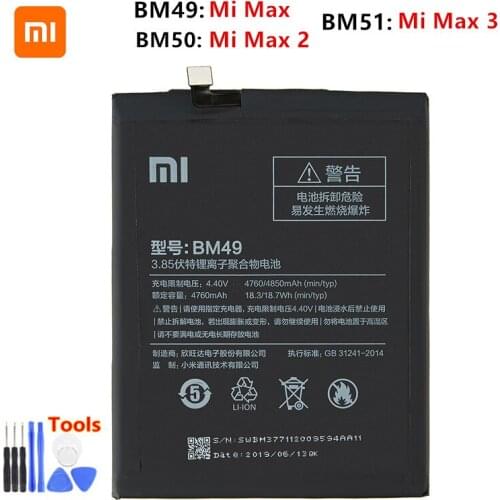Xiao mi 100% Orginal BM49 BM50 BM51 Battery For Xiaomi Mi Max Max 2 Max 3 BM49 BM50 BM51 Phone Replacement Batteries +Tools