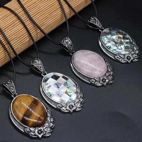 Natural Stone Agates Crystal Rose Quartzs Abalone Shell Tiger Eye Necklace Pendant for Women Gift Size 40x60mm Length 55cm