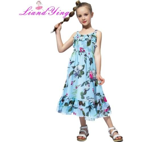 2019 Girls Dress Summer New Fashion Sweet Sleeveless Chiffon Clothes For Girls Flower Print Princess Dress Kids Clohting