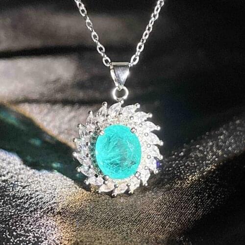 Luxury Jewelry Oval Paraiba Tourmaline Flower Pendant Necklace Vintage Choker For Women Wedding Engagement Valentines Gift