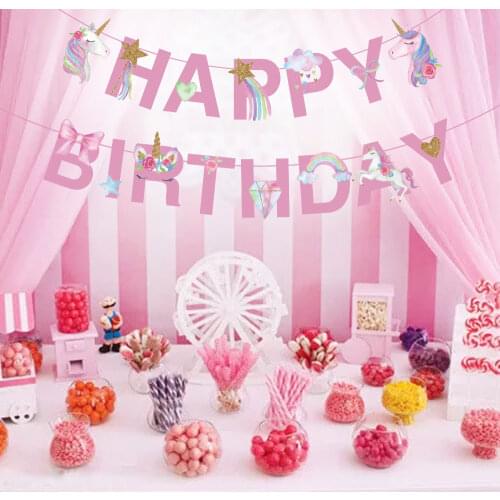Pink Unicorn Happy Birthday Banners Unicorn Theme Party Wall Backdrops Birthday Letter Hanging Banner Decoration BA119