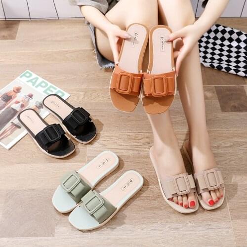 2021 Women Slippers Flat Shoes Ladies Square Fashion Buckle Comfortable Beach Outdoor Slides Summer New Slip-On Soft Sandals