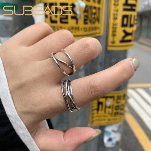 Subeads 925 Sterling Silver Multilayer Line Surround Rings Simple Metal Three Layer Adjustable Open Ring Unisex Fine Jewelry