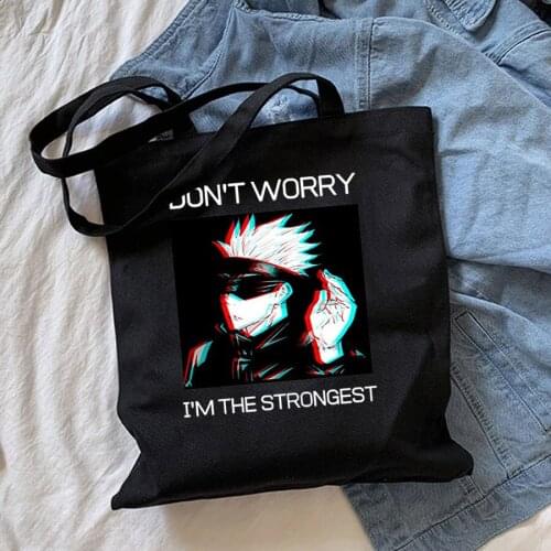 Gojo Sensei Jujutsu Kaisen Anime Handbag For Women Korean Vintage Shoulder Shopping Bag Cotton Canvas Tote With Zipper Bag Large