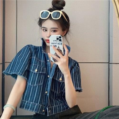 2021 Summer Fashion New Short Loose Lapel Short Sleeve Tooling Thin Striped Denim Jacket Womens Top Trendy H187