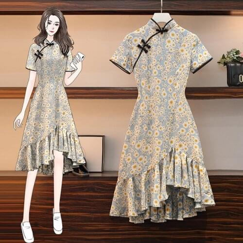 EHQAXIN Womens Floral Dresses 2021 Summer Retro Cheongsam Folds Temperament Lotus Leaf Fish Tail Asymmetric Dress Female L-4XL