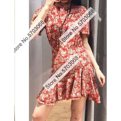 Ladies Floral Print V Neckline Short Sleeves Asymmetric Short Mini Dress With Ties