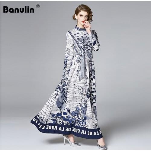 Runway fall dresses for women o-neck long sleeve elegant long dress bow sashes vintage print maxi dress robe hiver femme 2020